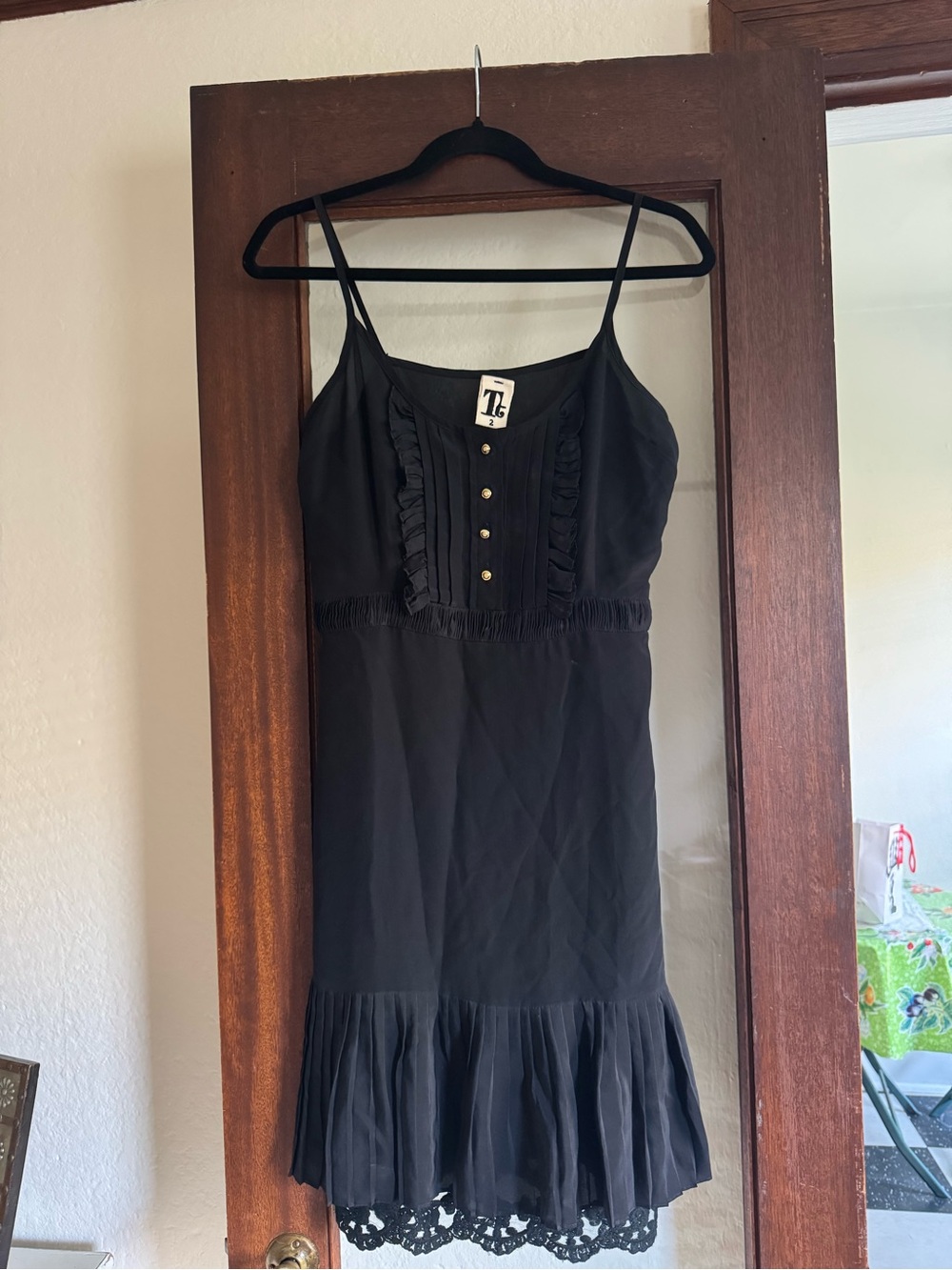 Black Ruffle-Trim Mini Slip Dress with Button Front